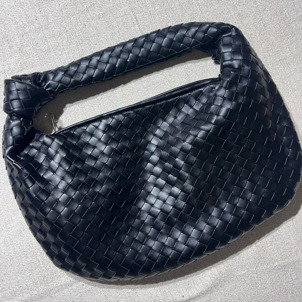 Black Woven Shoulder Bag with Padded Handle